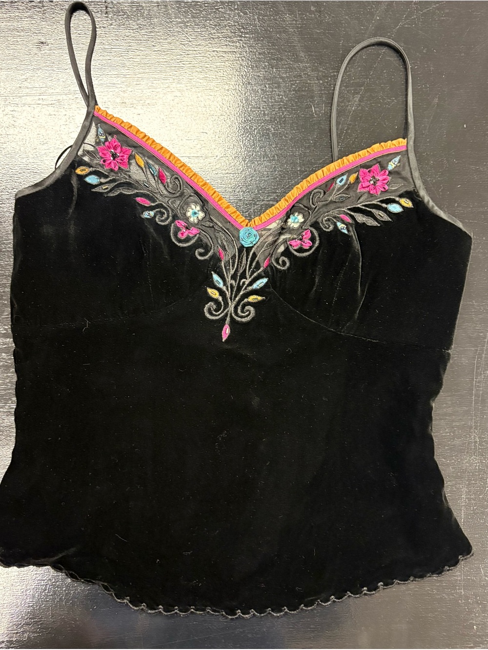 Kathryn Dianos NWT Black Velvet Embroidered V-Neck Cami Top